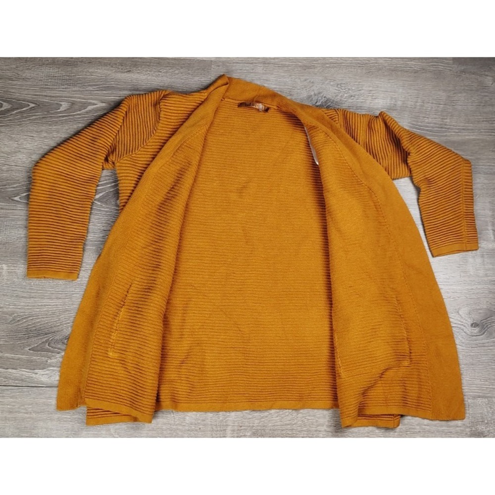 Belldini Women's Open Front Cardigan Large Pockets Yellow/Gold Horizontal Ribbed